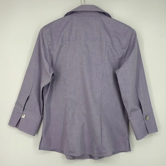 Foxcroft Womens Sz 4 Fitted Button Front Shirt Purple 3/4 Sleeve Non-Iron Cotton - Picture 5 of 8